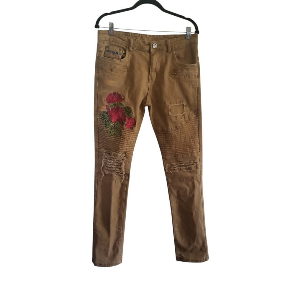 Ravemen Brown Women's Moto Biker Black Label Jeans with Rose Detail Sz 32